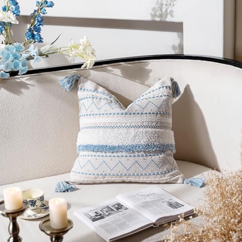 BlissBlush 18X18 Throw Pillow Cover, Coastal Blue Square Decorative Cushion Cover, Boho Accent Pillowcase with Tassels for Couch Sofa Living Room (Cover Only) - Image 4