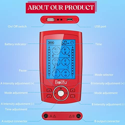 Belifu Dual Channel TENS EMS Unit with 12 Pads, 24 Modes Muscle Stimulator, Electronic Pulse Massager Muscle Massager for Pain Relief Therapy, Fastening Cable Ties, Dust-Proof Drawstring Storage Bag - Image 3