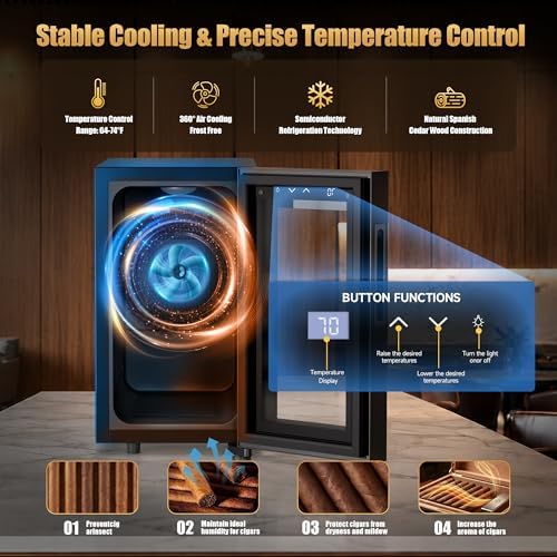 KingChii 23L Cigar Cooler Humidor with Cooling Control System, Electronic Cigar Cabinet Spanish Cedar Shelves & Digital Hygrometer, Father DayGifts for Men (3 Layers 150 Capacity) - Image 2