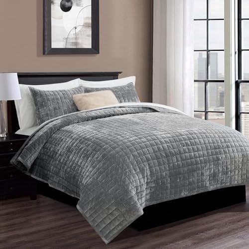 RECYCO Channel Box Stitch Velvet Quilt Set, King Size, Gray - Image 2