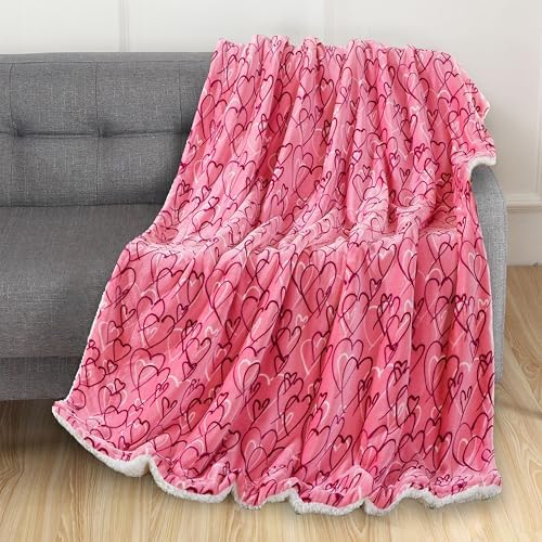Elegant Comfort Luxury Valentine’s Day Sherpa Throw Blanket Ultra-Soft Cozy Velvet Pink Hearts Fleece Throw - Micromink Sherpa for Her, Wife, Girlfriend, Sherpa Reversible Blanket- Amara - Image 2