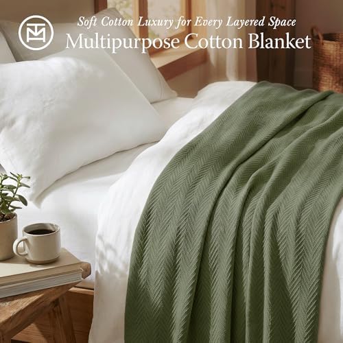 Threadmill Luxury 100% Cotton King Herringbone Blanket, Olive - Image 2