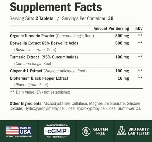 Boswellia Serrata Turmeric Curcumin Supplement: Organic Tumeric, Boswellia Extract, Ginger & BioPerine for Max Absorption – Inflammation & Joint Supplements for Men & Women – Non-GMO – 60 Tablets - Image 3