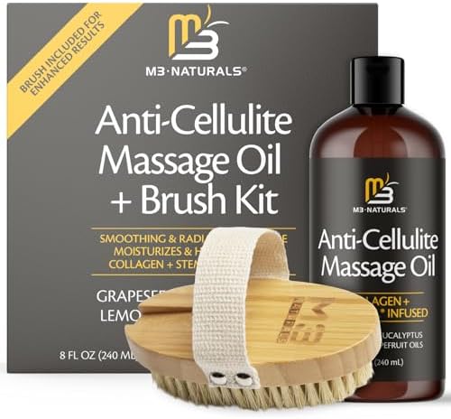 Anti Cellulite Massage Oil and Firm Dry Body Brush Kit, 8 fl oz by M3 by M3Naturals