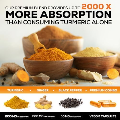 Turmeric Curcumin Supplement - 95% Curcuminoids with Organic Turmeric & Ginger, BioPerine Black Pepper Extract for Best Absorption, Natural Vegan Joint Support, Non-GMO, Bottled in USA - 240 Capsules - Image 5