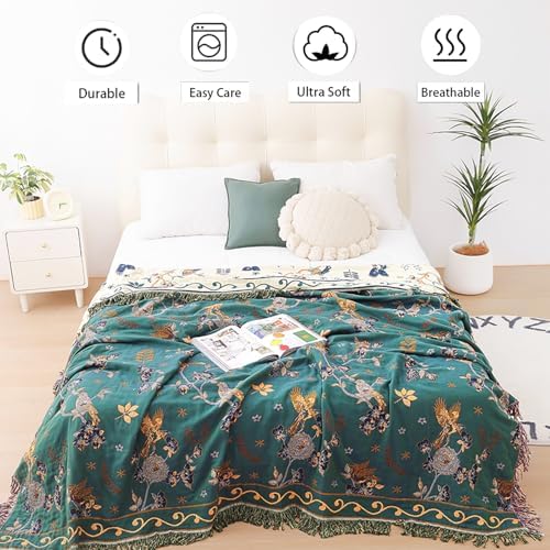 VANJOROY Boho 100% Cotton Large Throw Blanket King - All Season Rustic Ultra Soft Breathable Floral Bird Blanket for Bed Sofa Couch Chair Bedspread Quilt Gift, 91" x 108"-Teal/Beige - Image 2