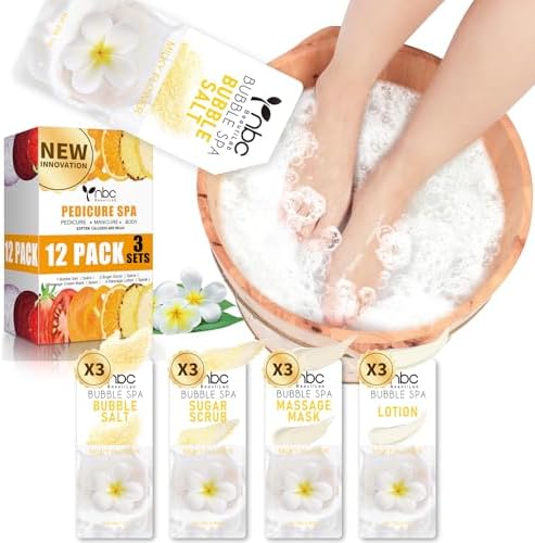 Pedicure Kit Foot Soak Set: Bubble Salt, Sugar Scrub, Massage Mask, Massage Lotion in a Box, 4 Step Foot Spa Kit for Dry Feet,Tired Feet (3 Set Milky Flower) by nbcBeautiLab