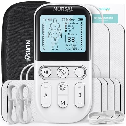NURSAL TENS Unit Muscle Stimulator for Pain Relief Therapy, 3-in-1 Dual Channel TENS Machine with EVA Travel Case, 24 Modes EMS Muscle Stimulator for Back, Shoulder, Neck, Sciatica by NURSAL