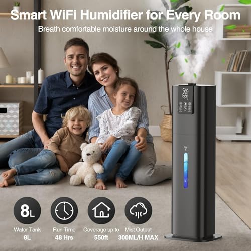 Honovos Smart Humidifiers Large Room Bedroom Home, 2.11Gal(8L) Quiet Top Fill Cool Mist Humidifier, Smart App & Remote Control, 3 Speed Humidifier with 360° Nozzle, Humidity Setting for Baby Office - Image 2