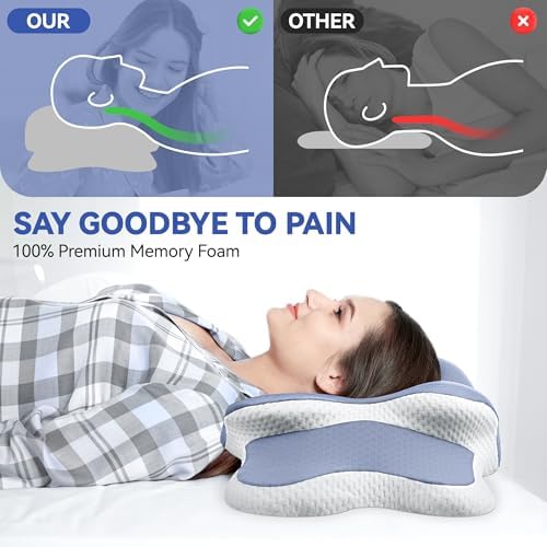 Cervical Pillow for Neck Pain Relief, A Cozy Night’s Sleep Ortho Memory Foam Bed Pillow, Neck and Shoulder Support for Side, Back & Stomach Sleepers, Lumbar Comfort Design (Blue/WHT) - Image 3