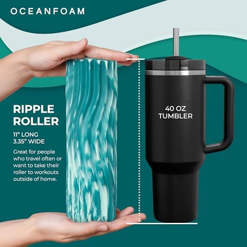Oceanfoam Ripple Travel Foam Roller (11" x 3.35") Firm Mini Foam Roller for Physical Therapy, Deep Tissue Massage, Back Pain - High Density, Wave Textured - Yoga, Exercise (Jade & Seafoam Marbled) - Image 2