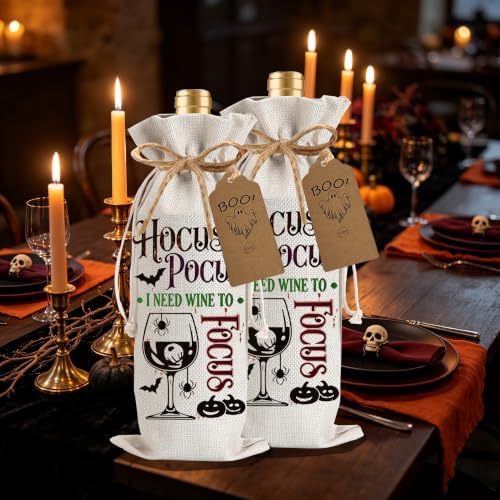 1Pcs Hocus Pocus wine Gifts Wine Bag,Halloween Wine Bag Happy Hallo wine Halloween Gifts Party Decorations for Women Men with 1Pcs Kraft Blessing Cards and natural jute rope - Image 4
