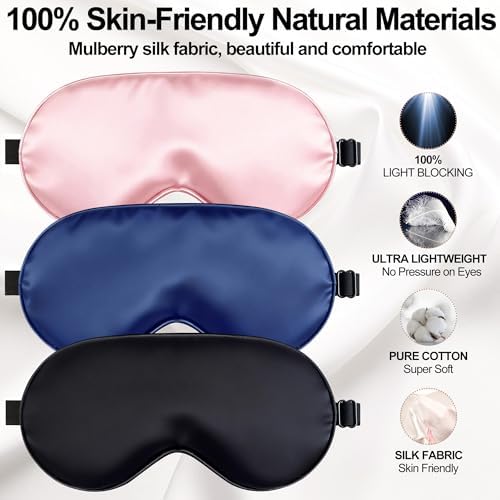 Sleep Mask for Women & Men, Soft Silk Eye Mask with Adjustable Strap 3 Pack - Image 2
