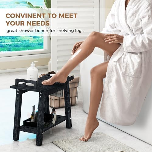 FLyjoe 24 INCH Extra Large Shower Bench for Inside Shower Shaving Legs, Waterproof HDPE Shower Chair Seat with Storage Shelf and Handles Spa Shower Stool for Bath Tub Bathroom Use, Black - Image 4
