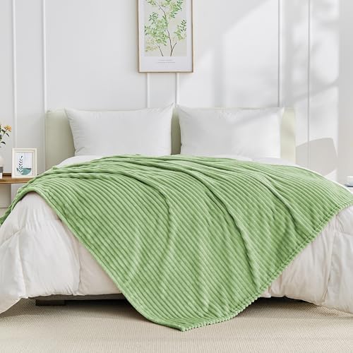 Bnuitland Fleece Throw Blanket, 300GSM Soft Warm Cozy Fluffy Throw for Babys & Pets, Stripe Pattern, All Season Sofa Bed Blanket for Home Decor, Light Green 50"x40" - Image 5
