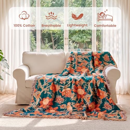 MSGKV Boho Throw Blanket 60"x80" 100% Cotton Floral Bird Blanket Couch Bed - Image 2