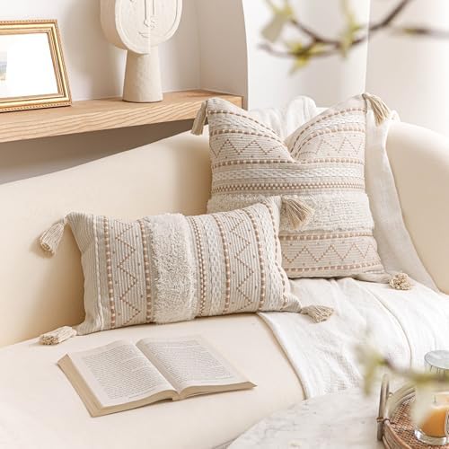 BlissBlush 12x20 Lumbar Pillow Cover, Cream Neutral Beige Rectangular Decorative Cushion Cover, Boho Accent Pillowcase with Tufted Details and Tassels for Couch Sofa Living Room (Cover Only) - Image 3