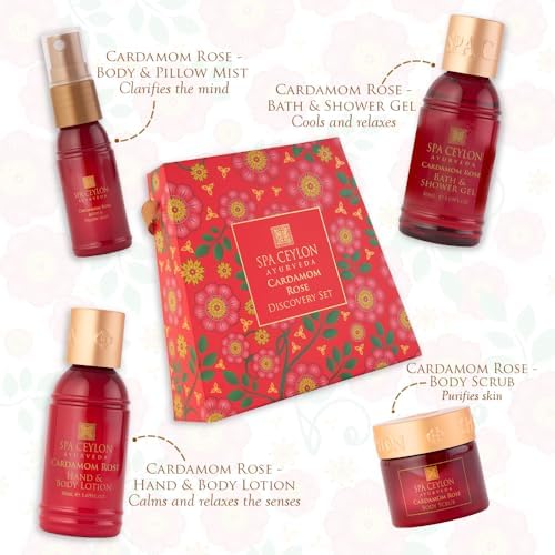 Spa Ceylon Ayurveda Cardamom Rose Discovery Set – 4-Piece Natural Uplifting Spa Gift Set with Himalayan Rose & Organic Ceylon Cardamom - Bath Gel, Body Lotion, Pillow Mist & Scrub - Image 4