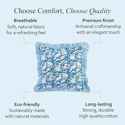 CPC Block Print Ruffle Throw Cover Blue Sapphire 24"x24" Inch Pack of 2-100% Cotton Ruffle Couch Decorative Boho Pillows Case for Living Room, Bedroom, Sofa, Farmhouse Gift for Spring, Mother's Day - Image 2