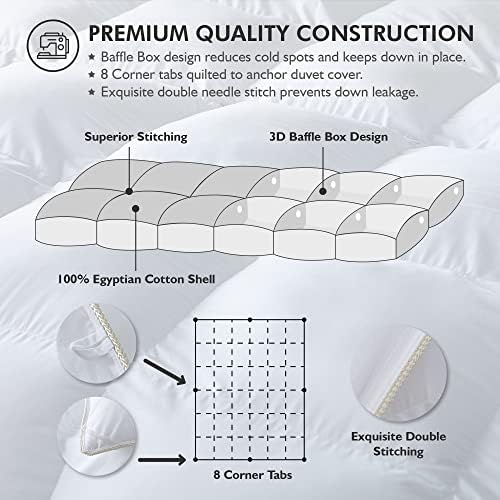 Luxurious White Solid Heavy Weight, Queen Size Goose Feathers Down Comforter for Winter Weather Duvet Insert, Premium Baffle Box, 100% Egyptian Cotton Cover, 65 oz. Fill Weight - Image 4