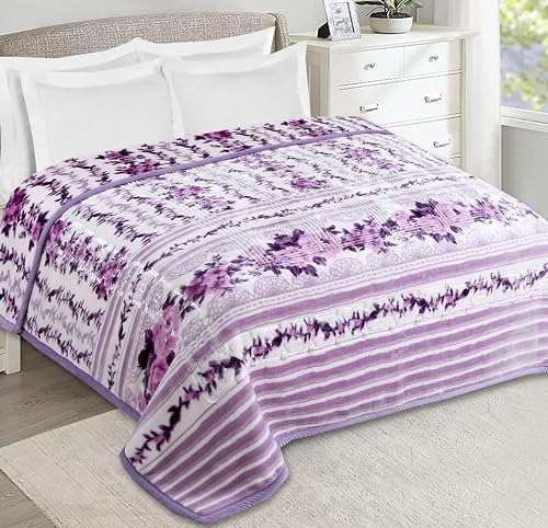 Nestl Velvet Fleece Winter Blanket - 2 Ply Heavy & Warm Korean Style - Reversible Printed Raschel Queen Size - Wrinkle & Fade Resistant - 79 x 94 Inches - Lavender by Nestl