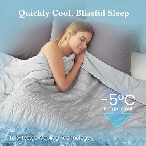 Cozy Bliss Seersucker Cooling Comforter King Size, Q-Max 0.45 Reversible Lightweight Cooling Blanket, Breathable Silk Smooth Summer Bedding Quilt for Hot Sleepers Night Sweats Light Grey - Image 2