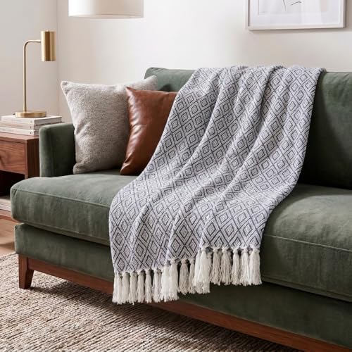Americanflat 50x60 Throw Blanket - Soft and Breathable Cotton Throw Blanket for Couch, Bed, Chair - Decorative Blankets Perfect for Home or Outdoor Use - Navy Blue and White Double Diamond Design by Americanflat