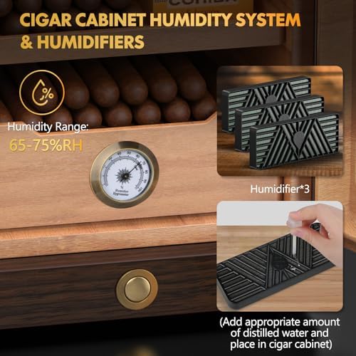 Cigar Humidor, Desktop Cigar Humidor Cabinet Light Control System with Spanish Cedar Wood Shelves, Hygrometer, 3 Humidifiers and Cigar Accessories Drawer, Father's Day Gift for Men (Walnut) - Image 4