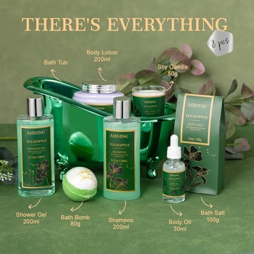 Home Spa Gift Basket - Eucalyptus- Spa Bath Kit 9pc Bath & Body Set For Men & Women, Contains Shower Gel, Shampoo, Scents Lotion, Body Oil, Bath Salt, flowers Bath Bomb, Spa Basket - Image 3