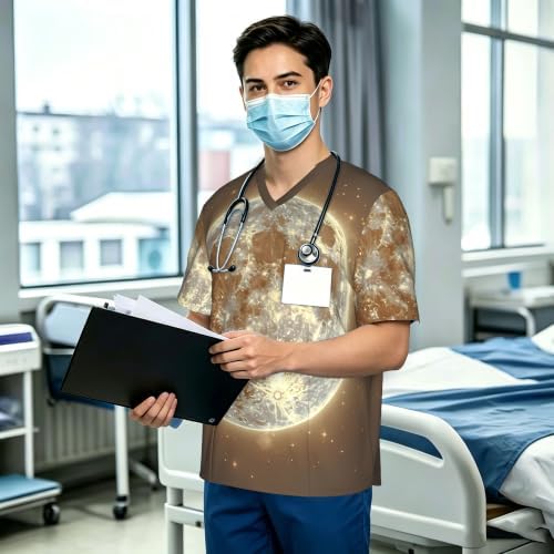 Men's Scrub Top,V-Neck Spill Wrinkle Resistant,3 Pockets-Moon Phase Pattern (2) - Image 3