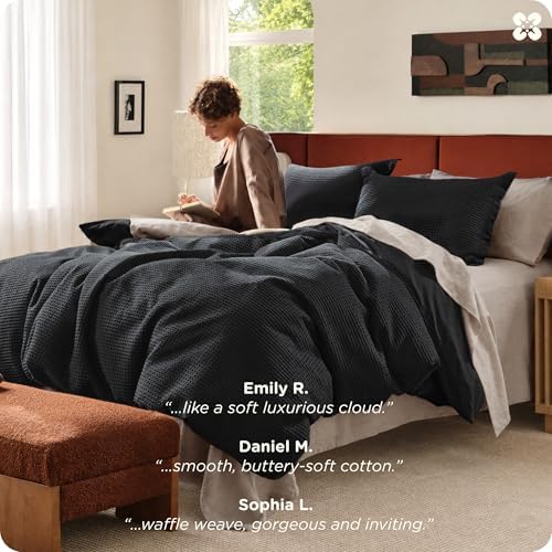 Bedsure PureWoven 100% Cotton Waffle Weave Duvet Cover Set, 3 Pieces, Black - Image 6