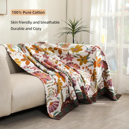 VANJOROY Boho Throw Blanket for Bed, 100% Cotton Muslin Soft Twin Throw-Floral Farmhouse Rustic Decor Blanket for Couch Sofa Quilt and Gift, 60" x 80"-BeigeWhite - Image 2