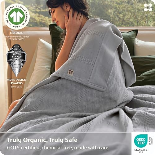 Bedsure PureWoven 100% Organic Cotton Waffle Luxury Blanket, Queen, Grey - Image 2