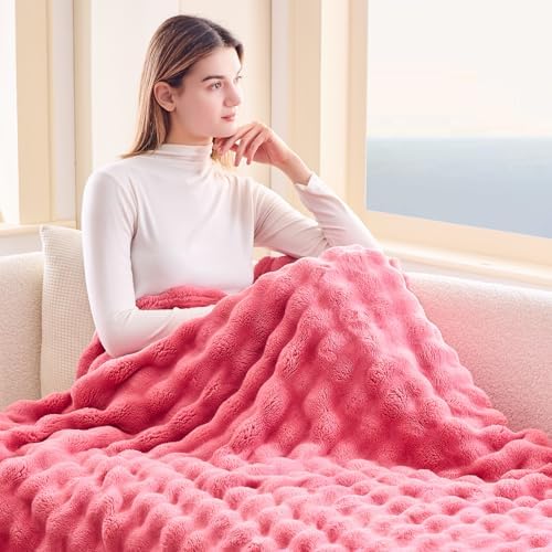 NEWCOSPLAY 3D Bubble Flannel Throw Blanket for Couch Coral Pink, 50"×60" - Image 3