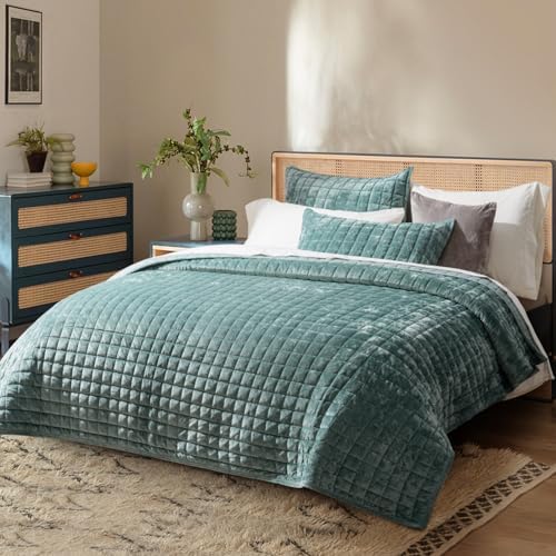RECYCO Channel Box Stitch Velvet Quilt Set, Full Queen Size, Aqua Green - Image 2