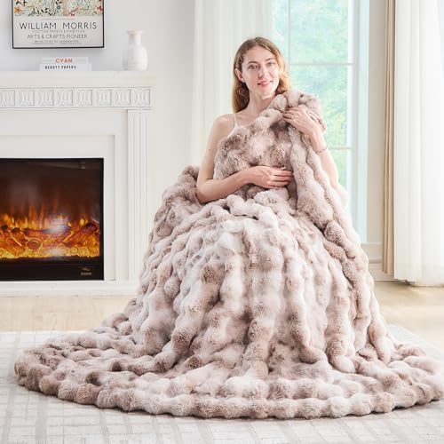 Lotus Karen Faux Fur Throw Blanket Tie-Dye Beige - Big Bubble Rabbit Fluff Blanket for Couch, Large Fluffy Fuzzy Cozy Blankets,Thick Furry Plush Shaggy Blankets,108x90 Inches by LotusKaren