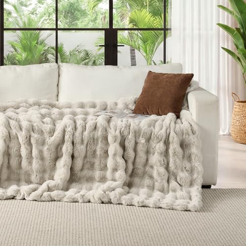 Lotus Karen Faux Fur Throw Blanket Linen - 800 GSM Bubble Rabbit Fluff Blanket for Couch Bed Sofa,Softest Fluffy Fuzzy Cozy Blanket,Thick Furry Plush Shaggy Warm Blankets for Women,50x60 Inches - Image 2