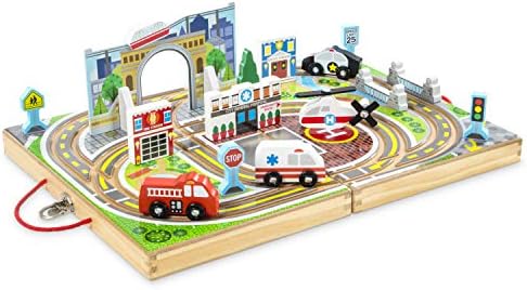 Melissa & Doug 18-Piece Wooden Take-Along Tabletop Town, 4 Rescue Vehicles, Play Pieces, Bridge by Unknown