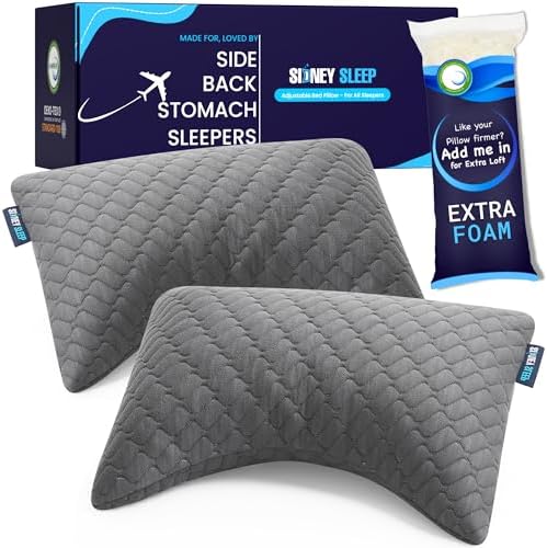 Sidney Sleep Set of 2 Mini Travel Size Neck Pillows - Knee Pillow - Back Lumbar Support - Curved Bed Pillow - 14 x 19 Inches - Adjustable Loft - Carry Backpack Included (Grey 2 Pack Mini) by SidneySleep