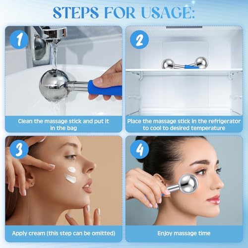 Baderke 2 Pcs Ice Globes for Face Stainless Steel Cooling Globes Unbreakable Cooling Roller Women Ice Balls Cryo Sticks Facials Skin Care for Dark Circles, Puffiness(Silver (Blue Handle)) - Image 3