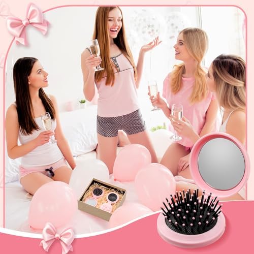 12 Pcs Pink Coquette Bow Mini Hair Brushes Folding Mirror Coquette Detangler Brush Bulk Round Compact Massage Scalp Comb for Purse Women Travel Team Gifts Trendy Stuff Party Favors - Image 4