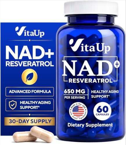 VitaUp NAD+ Resveratrol Supplement - USA Made Trans Resveratrol NAD Supplement 650mg - Nicotinamide Adenine Dinucleotide Capsules for Healthy Aging, Energy & Focus Support - 60 Count by VitaUp