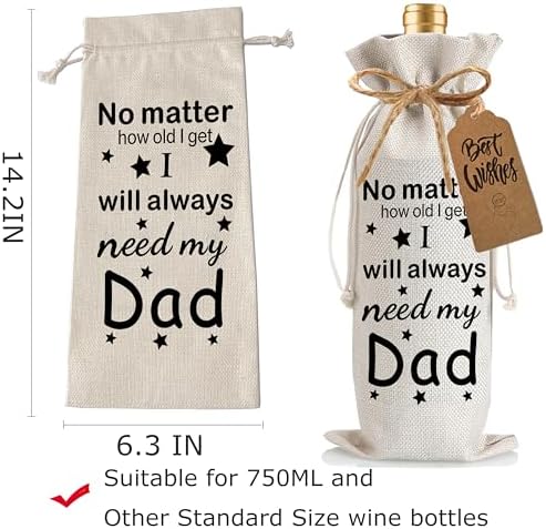 1Pcs My Dad Father's Gifts Wine Gifts Bag I will always need my dad Wine Bag, Father's Day Wine Gifts Bag with 1Pcs Kraft Blessing Cards and natural jute rope - Image 2