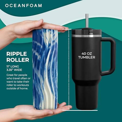 Oceanfoam Ripple Travel Foam Roller (11" x 3.35") Firm Mini Foam Roller for Physical Therapy, Deep Tissue Massage, Back Pain - High Density, Ergonomic Wave Textured - Yoga, Exercise (Royal Marbled) - Image 2
