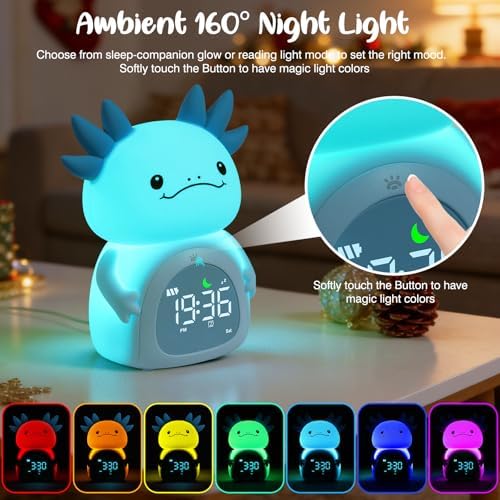 Axolotl Alarm Clock for Kids, Rechargeable Ok to Wake Clock with Night Light - BPA-Free Silicone Sleep Training Clock, Cute Toddler Wake Up Clock for Boys Girls Bedroom - Image 4