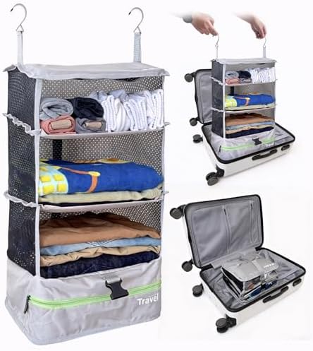 Grand Fusion Stow-N-Go Portable Hanging Travel Shelves, Packing Organizer for Luggage. Carry on Closet with Hanger for Clothes. Expandable Packing Cube. Travel Essentials, Light Gray - L by GrandFusion