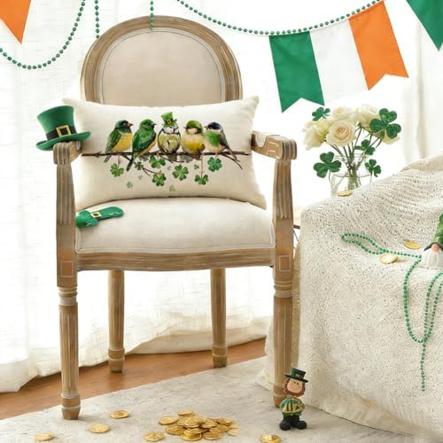 RABUSOFA St.Patricks Day Pillow Covers 12x20 Inch,Birds Shamrock St Patricks Day Decorations Holiday Spring Decorative Pillow Case Decor for Sofa Couch Green - Image 3