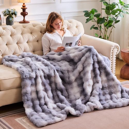 Lotus Karen Faux Fur Blanket - Tie-Dye Gray Twin Size, Big Bubble Rabbit Fluff, Thick Furry Plush Shaggy Blanket for Men, 60x80 Inches - Image 4