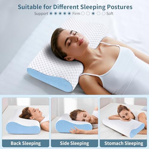 Cervical Pillow for Neck Pain Relief, Contour Memory Foam Pillows for Sleeping, Odorless Ergonomic Pillow Adjustable Orthopedic Cooling Pillow Bed Pillow Neck Support for All Sleepers (White & Blue) - Image 6
