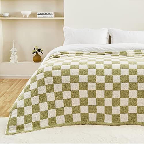 CozeCube Sage Green White Reversible Checkered Knit Throw Blanket 60"x80" - Image 4